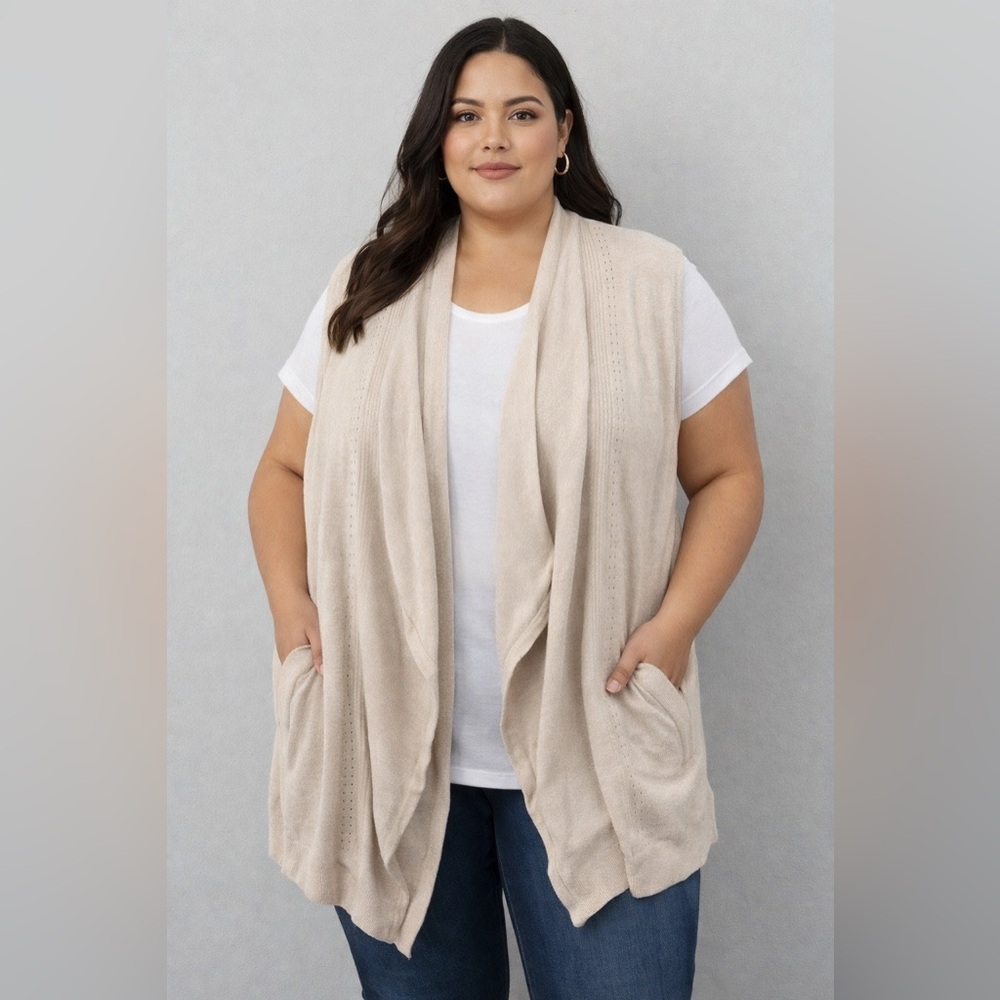 Barefoot Dreams Women’s 1X CozyChic Ultra Lite Bisque Pointelle Sweater Vest